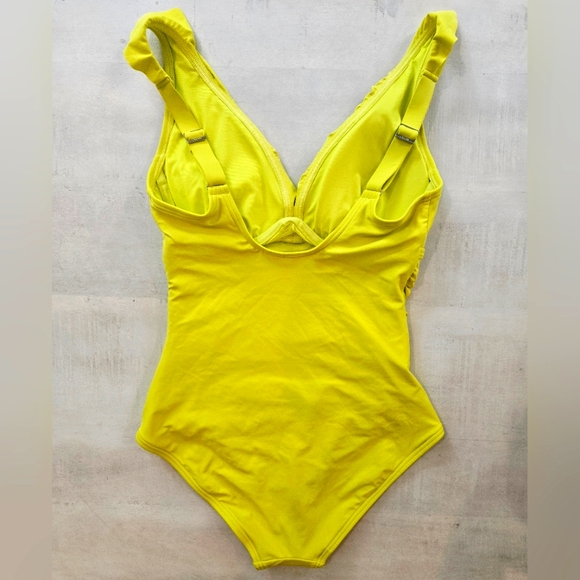 DKNY Yellow Ruched One Piece Swimsuit, Ruffles Plunge Neckline, NWT - Picture 3 of 4
